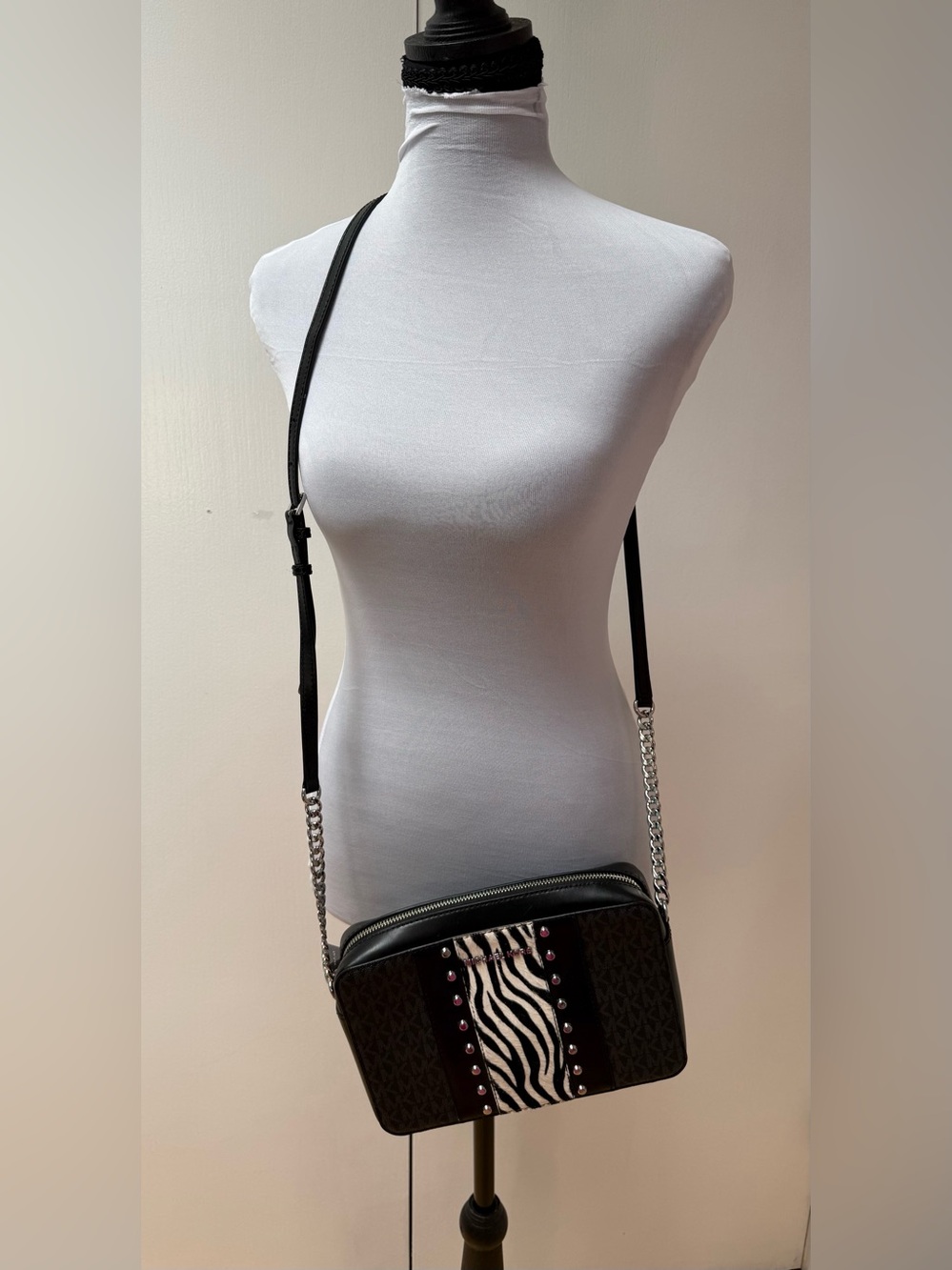 Michael Kors East West CrossBody Zip Top bag w/Zebra Calf-hair Studded Accent